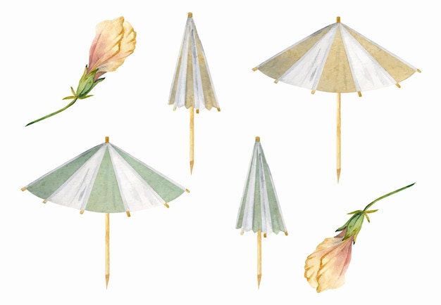 Hand drawn watercolor elements Striped paper cocktail umbrellas open and folded Isolated on white background Design wall art wedding print fabric cover card tourism travel booklet