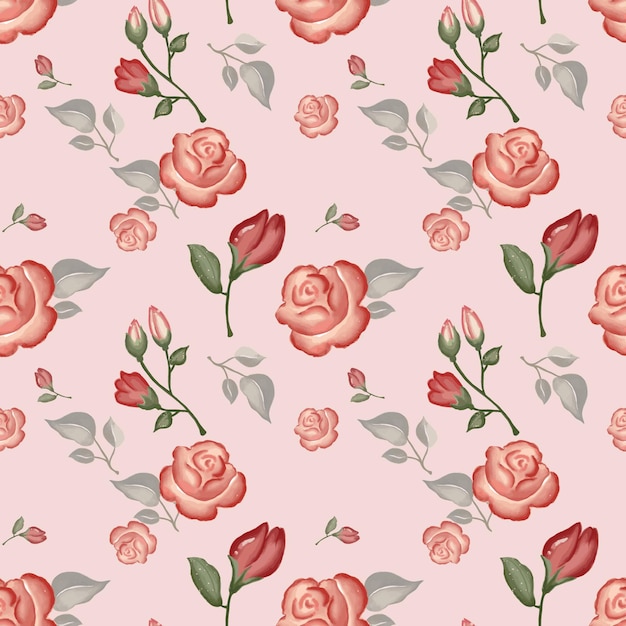 Hand drawn of watercolor floral pattern on pink background