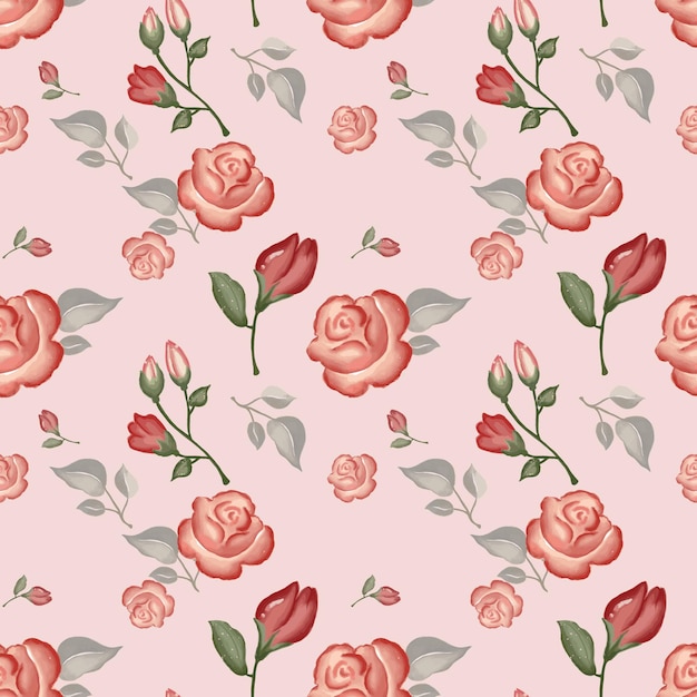 Hand drawn of watercolor floral pattern on pink background