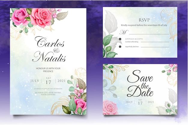 Hand drawn watercolor floral wedding invitation card template