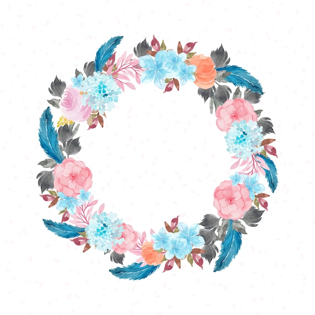 Hand drawn watercolor floral wreath with blue feather