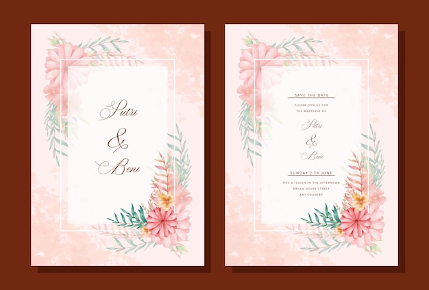 Hand drawn watercolor flower wedding invitation card