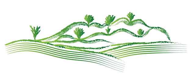 Disegno dell'illustrazione del campo delle colture verdi dell'acquerello disegnato a mano con le colture dell'albero di montagna dell'acqua dell'erba e il campo per le copertine dei libri dei manifesti volantini e i disegni dei supporti di stampa