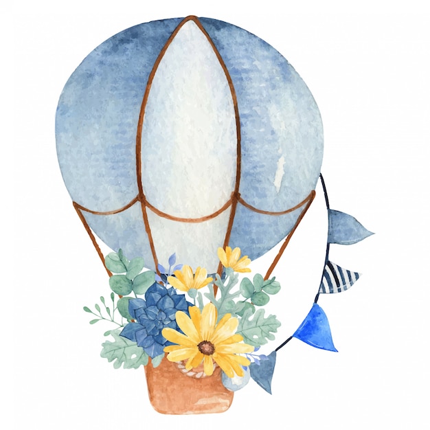 Vector hand drawn watercolor hot air balloon and bouquet of flowers