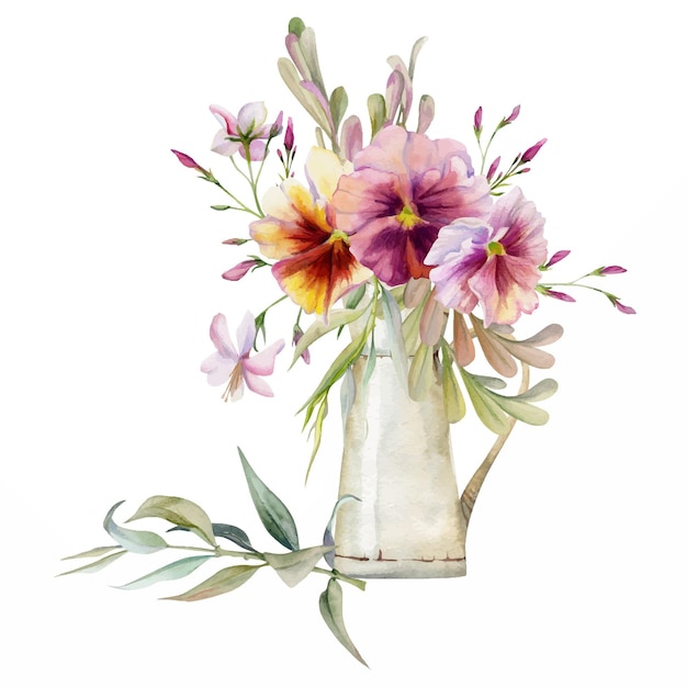 hand drawn watercolor illustration botanical flowers leaves pansy viola locust indigo branch pink