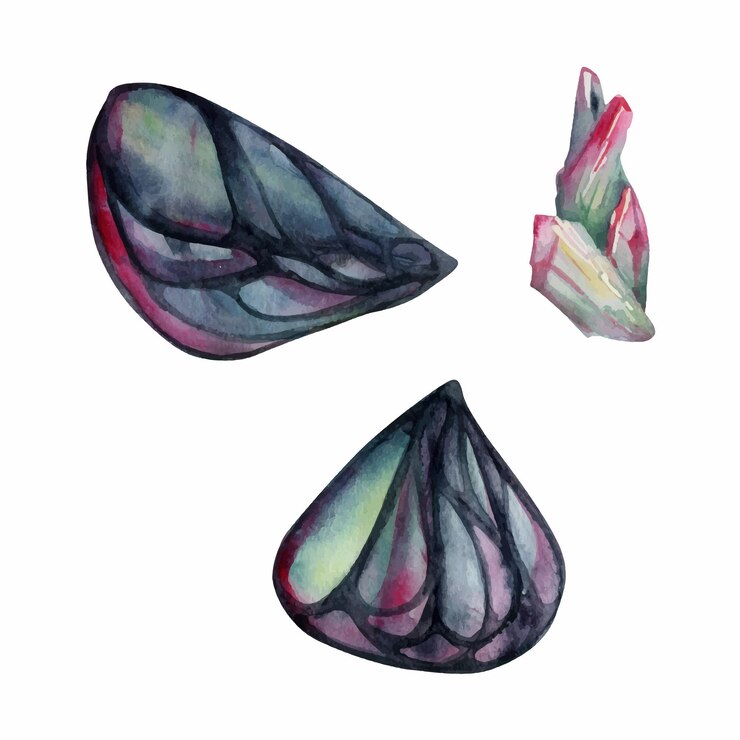 Vector hand drawn watercolor illustration butterfly fairy wings gem crystal insect moth tourmaline pearl labradorite opal set of objects isolated on white background design print shop wedding birthday