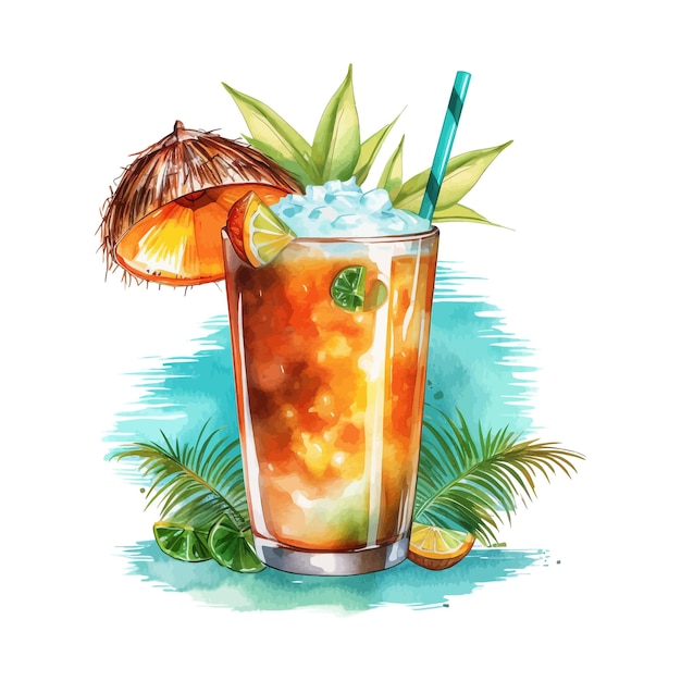 Hand drawn watercolor illustration exotic tropical tropic cocktail pina colada coconut tequila sunrise orange mint clipart