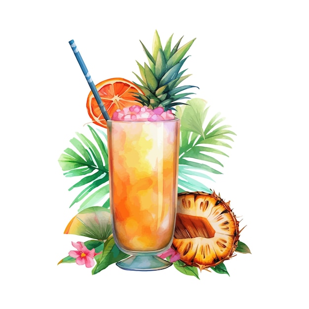 Hand drawn watercolor illustration exotic tropical tropic cocktail pina colada coconut tequila sunrise orange mint clipart