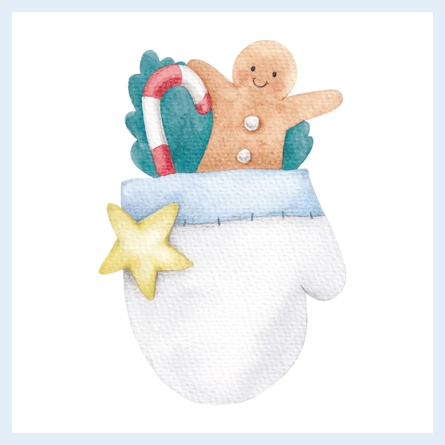 Hand drawn watercolor illustration Gingerbread man mittens and candy cane