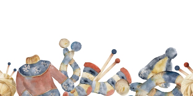 Illustrazione ad acquerello disegnata a mano abbigliamento in lana a maglia accessori maglione cappello sciarpa calze palla di filato con aghi banner senza cuciture isolato su sfondo bianco logo del negozio carta stampata