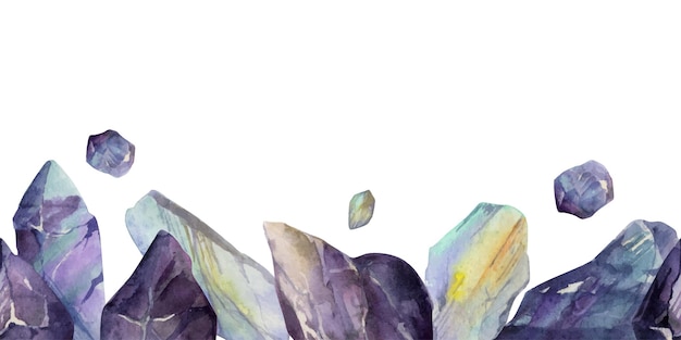 Hand drawn watercolor illustration precious jewel gem crystal chakra birth stone amethyst aquamarine moonstone seamless border isolated on white background design print shop jewelry fashion