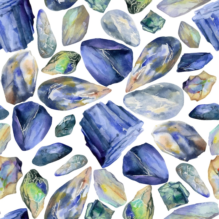 Vector hand drawn watercolor illustration precious jewel gem crystal chakra birth stone sapphire lapis larimar opal seamless pattern isolated on white background design print shop jewelry fashion