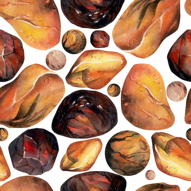 Vector hand drawn watercolor illustration precious semiprecious jewel gem crystal chakra birth stone amber garnet sunstone seamless pattern isolated white background design print shop jewelry fashion