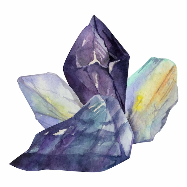 Hand drawn watercolor illustration precious semiprecious jewel gem crystal chakra birth stone Amethyst fluorite moonstone Composition isolated white background Design print shop jewelry fashion