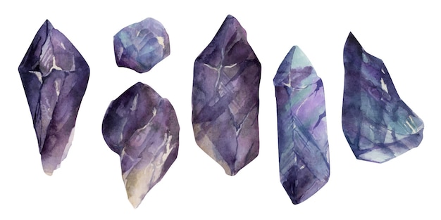 Vector hand drawn watercolor illustration precious semiprecious jewel gem crystal chakra birth stone amethyst fluorite set of objects isolated on white background design poster shop jewelry fashion