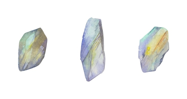 Hand drawn watercolor illustration precious semiprecious jewel gem crystal chakra birth stone Moonstone opal pearl Set of objects isolated on white background Design print shop jewelry fashion