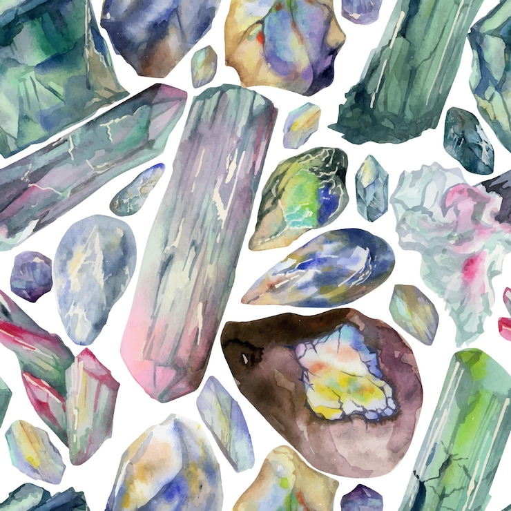 Vector hand drawn watercolor illustration precious semiprecious jewel gem crystal chakra birth stone tourmaline emerald opal seamless pattern isolated white background design print shop jewelry fashion