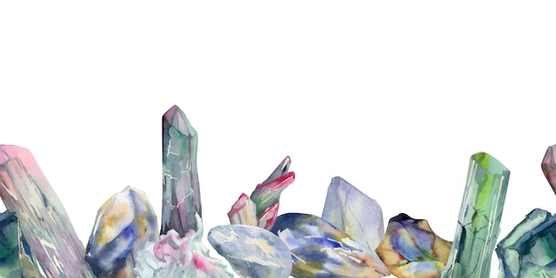 Вектор Ручная акварельная иллюстрация драгоценный полудрагоценный драгоценный камень кристалл чакра камень рождения турмалин изумруд бесшовный край изолирован на белом фоне дизайн типография ювелирные изделия мода