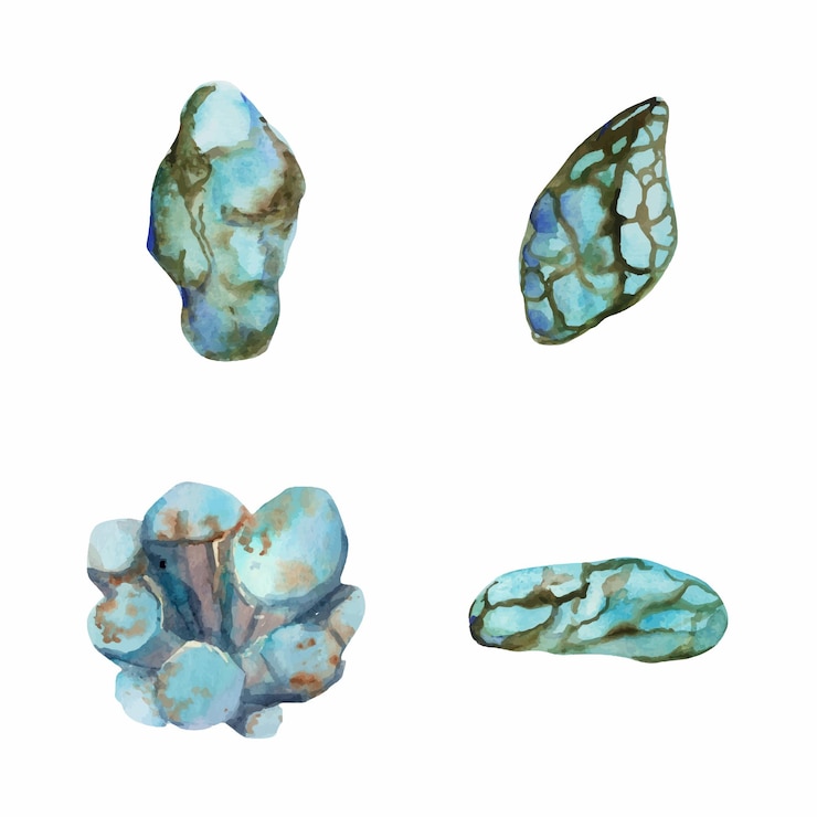 Vector hand drawn watercolor illustration precious semiprecious jewel gem crystal chakra birth stone turquoise chrysocolla set of objects isolated on white background design print shop jewelry fashion