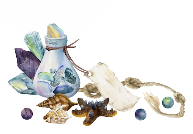 Vector hand drawn watercolor illustration sea witch altar objects glass vial blank tag precious stones knot rope shell starfish beads composition isolated on white background design for print shop magic