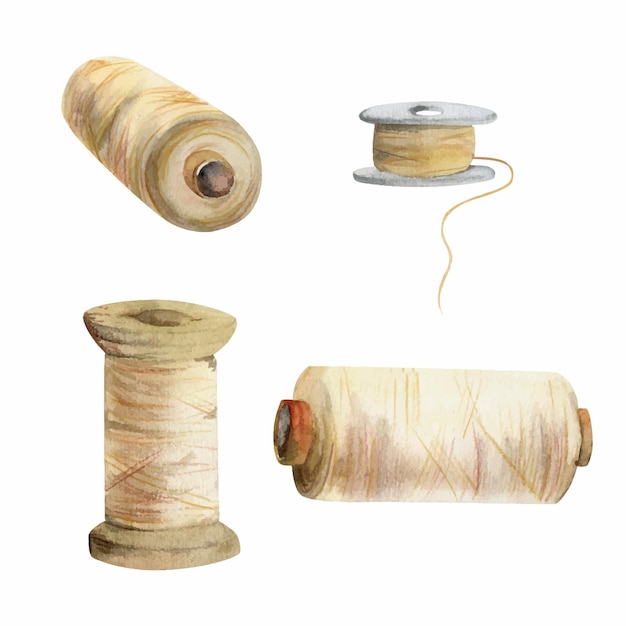 벡터 손으로 그린 수채화 일러스트레이션 바느질 공예 봉제 바느질 용품 가닥 bobbins spools skeins yarn 색 배경에 고립 된 물체 집합 디자인 아리 tailor 취미 가게