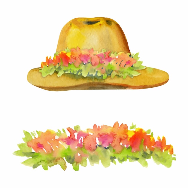 Vector hand drawn watercolor illustration spring gardening accessory straw sun hat with flowers and leaves