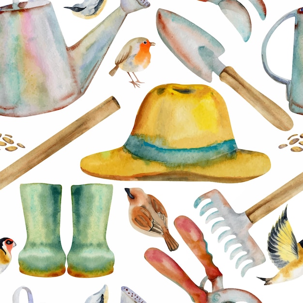 Hand drawn watercolor illustration spring gardening tools rake shovel watering can hat rubber boots birds seamless pattern isolated on white background design print shop scrapbooking packaging