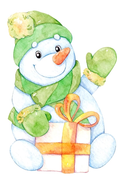 hand drawn watercolor illustration with cute snowman