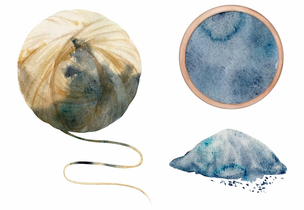 手描き水彩藍着色天然植物染料と趣味の手作り生地イラスト分離組成白背景ショップ ロゴ プリント名刺ウェブサイト小冊子