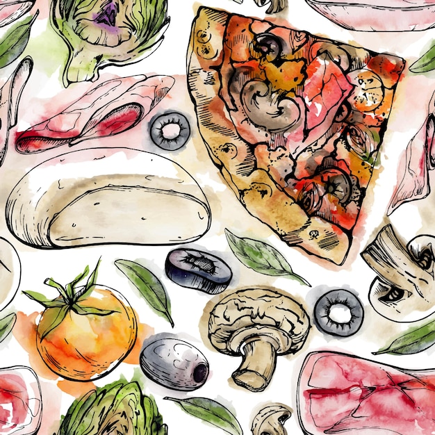 손으로 그린 수채화 잉크 일러스트레이션 카프리치오사 피자 조각과 토핑 이탈리아 요리 식사 색에 분리 된 무 무 패턴 디자인 레스토랑 메뉴 카페 음식점 패키지 플라이어 인쇄