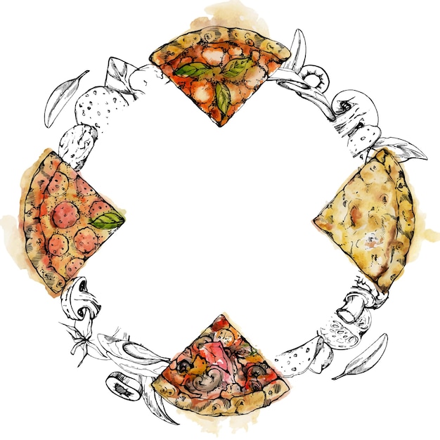 Hand drawn watercolor ink illustration Pizza slices and toppings ingredients Italian cuisine meal Wreath frame isolated on white Design restaurant menu cafe food shop or package flyer print