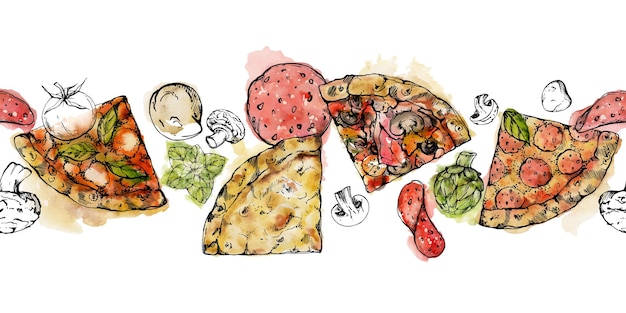 Hand drawn watercolor ink illustration Pizza slices and toppings ingredients Italian cuisine Seamless border isolated on white Design for restaurant menu cafe food shop or package flyer print