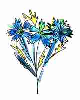 Vector hand drawn watercolor and ink line illustration of bouquet with blue meadow flowers