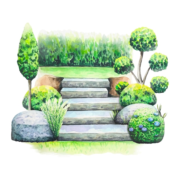 Hand drawn watercolor landscape illustration with stairs green bushes