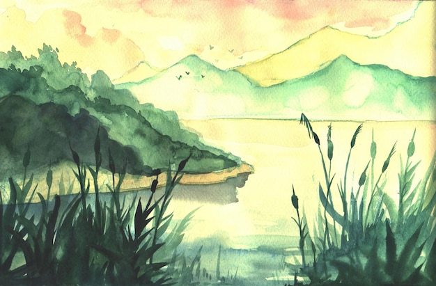 Hand drawn watercolor landscape with river