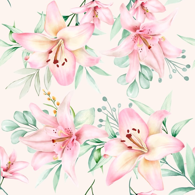 Hand drawn watercolor lily seamless pattern