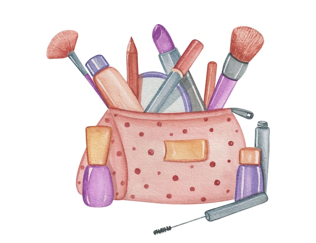 핸드백이 있는 손으로 그린 수채화 메이크업 제품
