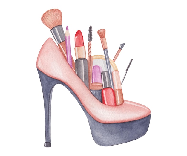 Prodotti per il trucco dell'acquerello disegnato a mano con scarpe