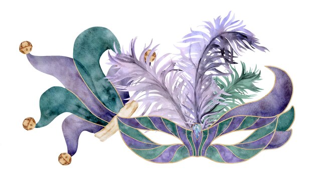 hand drawn watercolor mardi gras carnival symbols theater masquerade circus mask feathers jester fool hat bells composition isolated on white background design for party invitation print shop