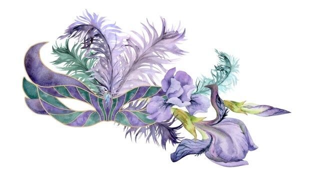 hand drawn watercolor mardi gras carnival symbols theater masquerade circus mask feathers purple flag iris flower composition isolated on white background design for party invitation print shop