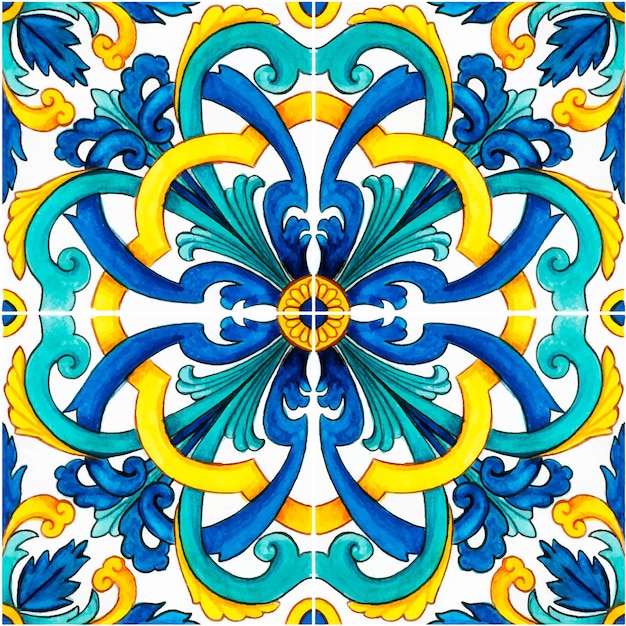 Vector hand drawn watercolor mediterranean sicilian traditional tiles