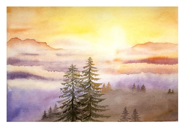 Hand drawn watercolor misty mountains with pine trees in the foreground Watercolor misty sunset