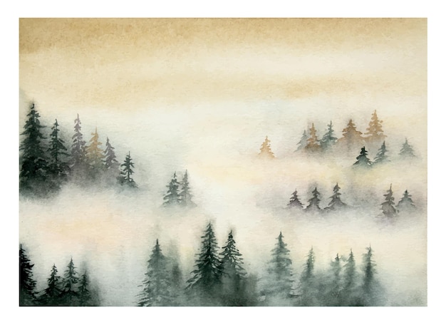 Hand drawn watercolor misty woods landscape Foggy forest
