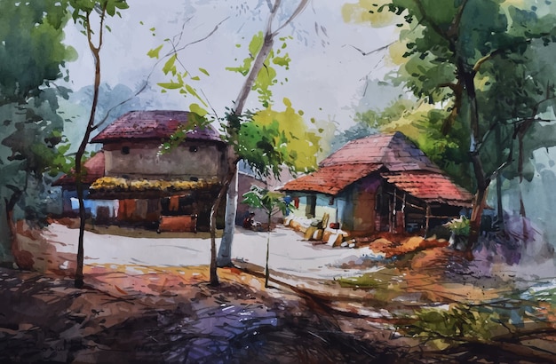 Hand drawn watercolor nature and village home