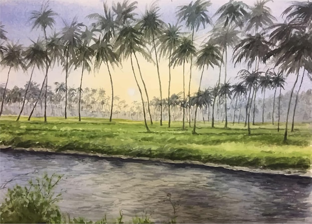Hand drawn watercolor nature with morning scene illustration