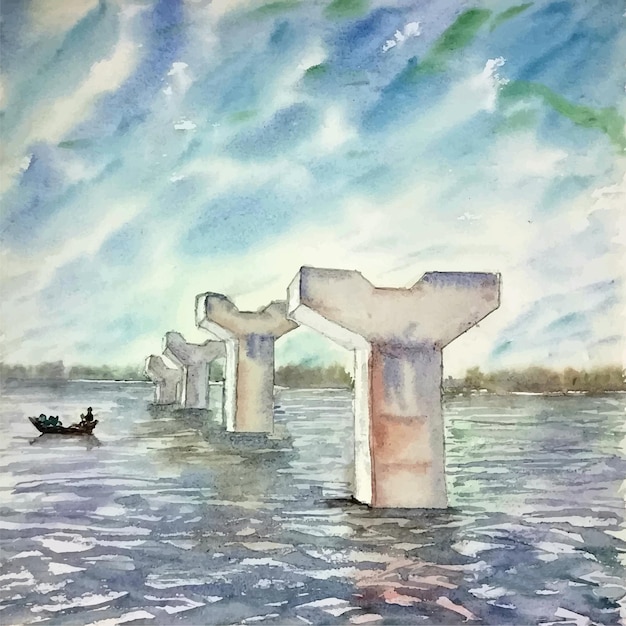 Hand drawn watercolor painting boat on the river and Pillars of the bridge illustration