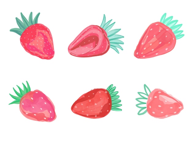 Hand drawn watercolor painting set of strawberry