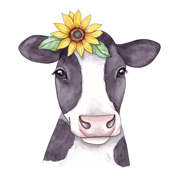 Hand drawn watercolor portrait with a cow and a flower