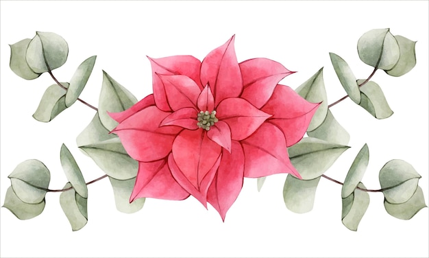 Hand Drawn Watercolor Red Poinsettia Flower Composition with Green Eucalyptus Branches Illustration