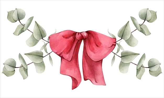 Hand Drawn Watercolor Red Textile Bow Composition with Green Eucalyptus Branches Illustration